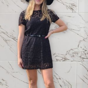 Short sleeve black lace little black dress